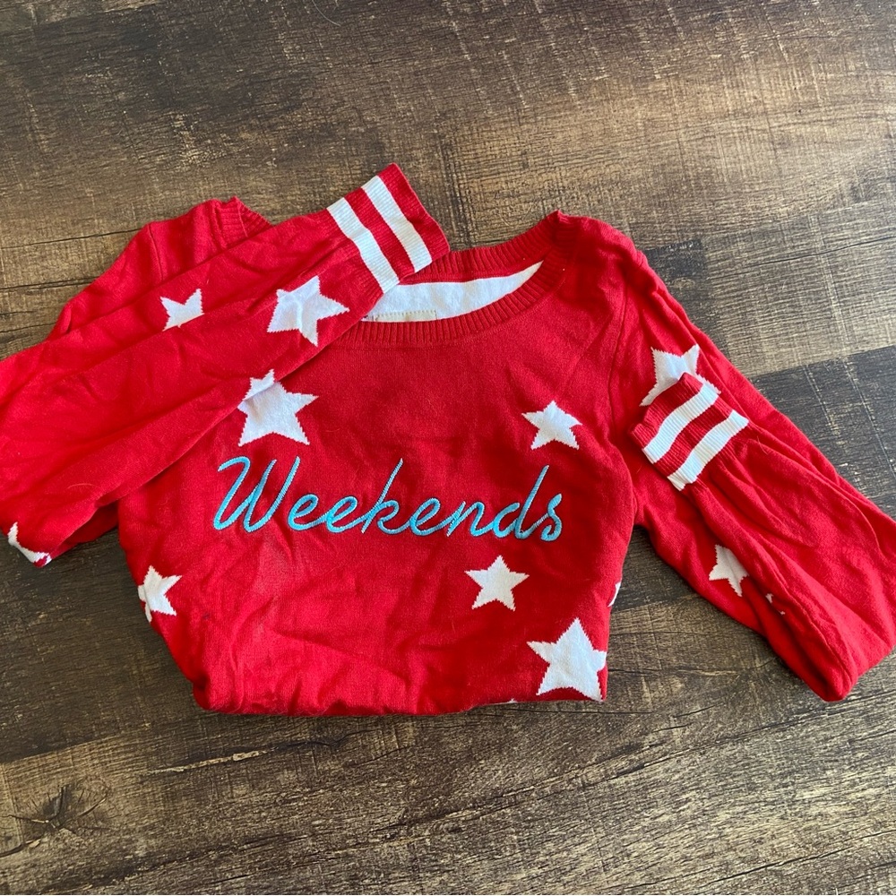 Chaser Red Star Sweater with 'Weekends' Embroidery